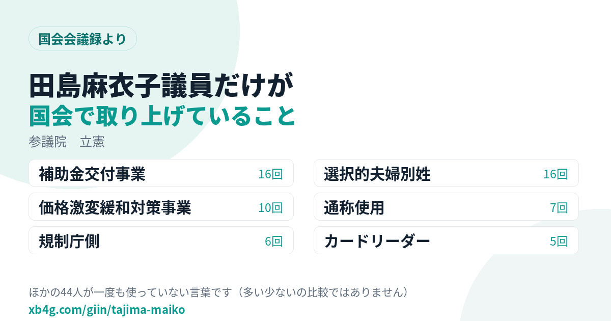 田島麻衣子議員だけが国会で取り上げていること