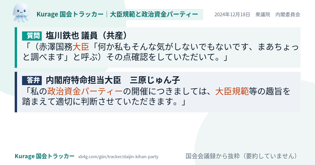 塩川鉄也議員の質問と政府の答弁｜大臣規範（2024年12月18日）