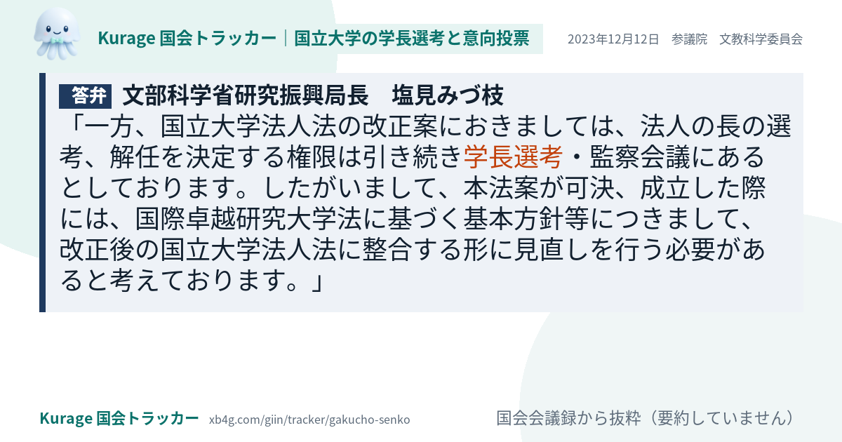 塩見みづ枝の答弁｜学長選考（2023年12月12日）