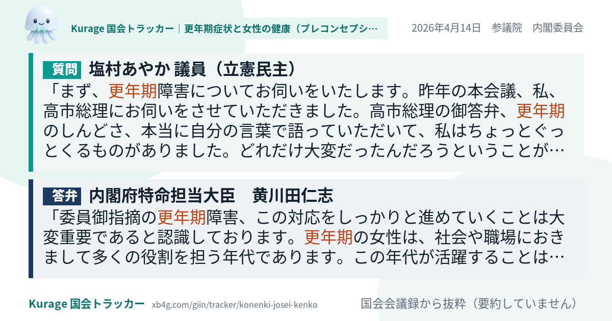 塩村あやか議員の質問と政府の答弁｜更年期（2026年4月14日）