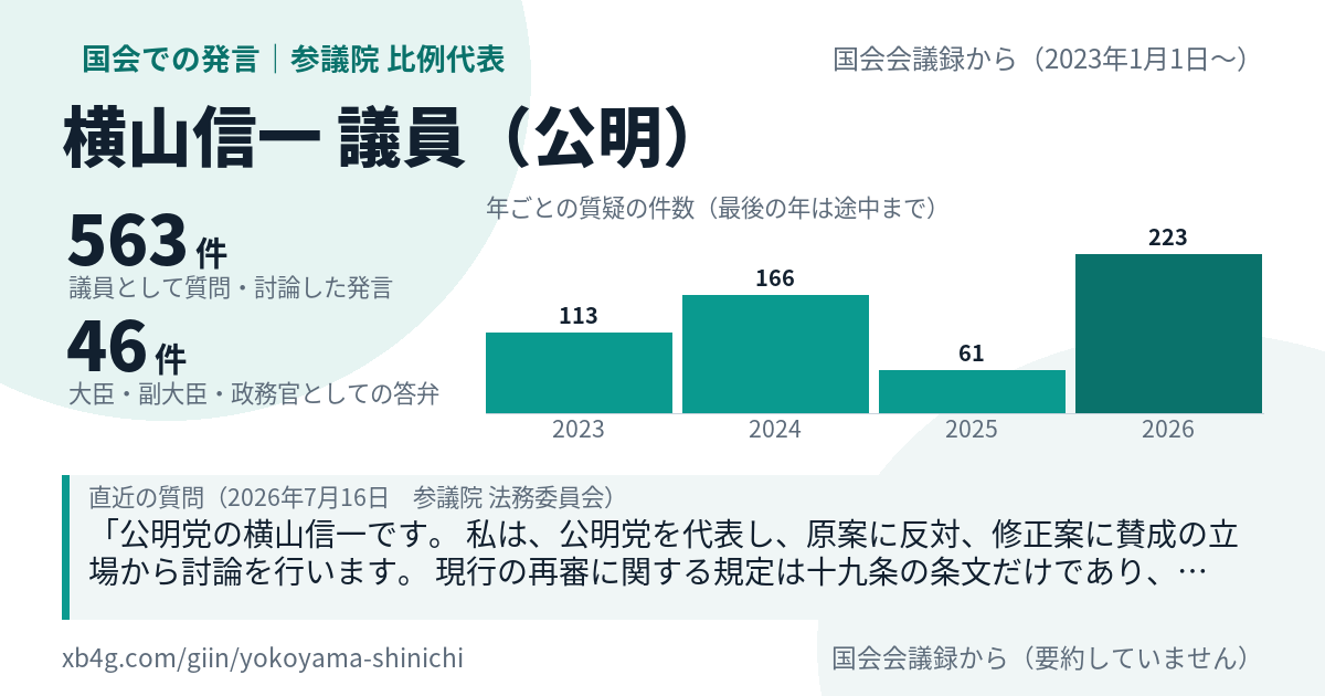 横山信一議員の国会での発言のカード